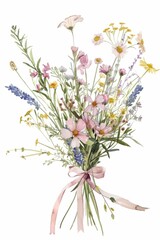 Beautiful watercolor painting of a vibrant bouquet of wildflowers on a clean white background