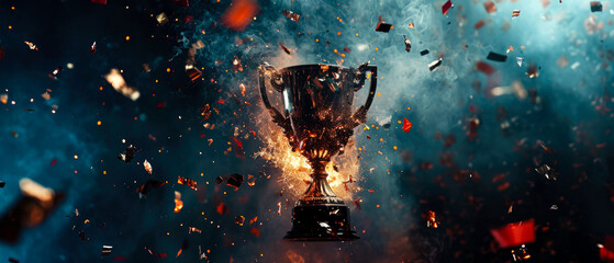 Champion golden trophy cup, goblet, bowl with sparkling lights, confetti, splashes, lights. Winning, congratulation background. Awards. Generative ai