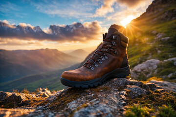 Hiking shoe for cross-country travel. Boot close up on highland rock. Generative AI. - 804407501