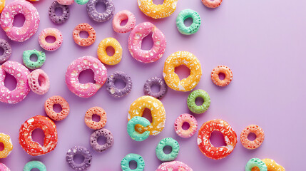 Heap of colorful cereal rings on lilac background