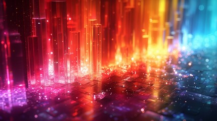 Vibrant 3D Render of Abstract Multicolor Cityscape with Glowing Lights and Reflections