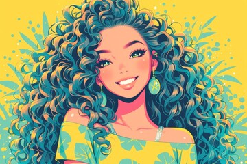 A smiling woman with big red lips, long curly hair and eye makeup in the style of pop art comic book 