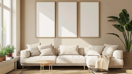 Beige Living Room with sofa, Blank Photo Frame Mock Up, floor lamp, featuring tropical plants in ceramic pots and wooden floor, 3d rendering