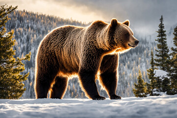 Big brown bear walking in the winter forest. Ranging or insomniac travelling bear. - 804407961