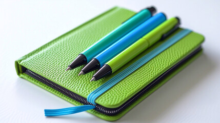 Fototapeta premium Colorful stationary school supplies on white background. Green color notebook and pens on white background. Back to school concept.