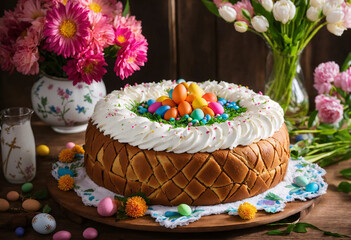 Easter cake in wooden plate on decorated table with colorful holiday eggs and natural flowers. Christian traditional holiday food. - 804408144