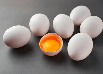 Row of white eggs and single broken egg with a yolk