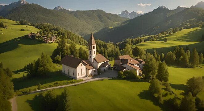 Aerial cinematic shot of lush green hills in La Val village South Tyrol Dolomites Italy Drone flies near a church Sass de Putia mountain in backlit scene LuPa Creative