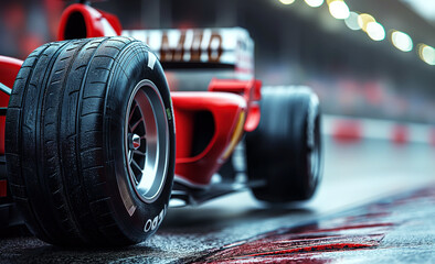 front wheel of red racing car at start of race