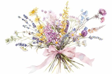Colorful Watercolor Painting of Wildflowers Bouquet Tied with Pink Ribbon on White Background