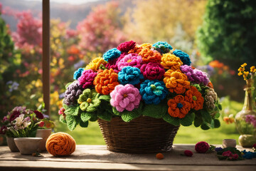 Beautiful vivid colorful knitted flowers made yarn in a wicker basket on blooming garden background. Wool floral decoration close-up. - 804408717