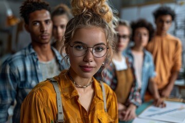 Fototapeta premium A young woman with glasses upfront in a sharp focus with a group of diverse coworkers slightly out of focus in the background