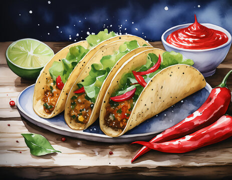 watercolor mexican spicy chili tacos illustration with peppers lime and salsa food background