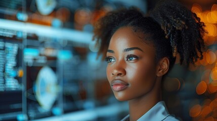 Focused Black Female Engineer Coding in a High-Tech Office Environment