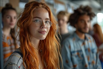 Fototapeta premium Close-up portrait of a ginger-haired woman looking at the camera with peers in soft focus in background