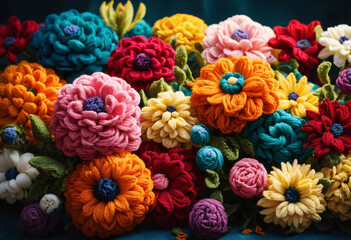 Beautiful vivid colorful knitted dahlias and aster flowers made yarn. Wool floral decoration. - 804408971