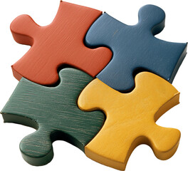 Fototapeta premium Four plain-colored wooden jigsaw pieces are arranged together.