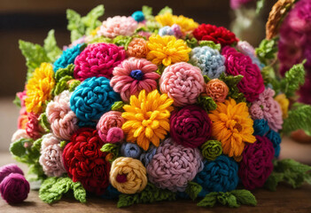 Beautiful vivid colorful knitted dahlias and aster flowers made yarn on wooden desk. Wool floral decoration. - 804409175
