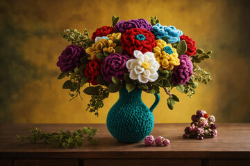 Beautiful vivid colorful knitted flowers made yarn in an azure knitted jar on wooden table in home room. Wool floral decoration. - 804409191