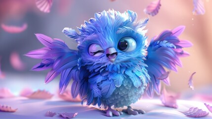 Cute character image of blue and purple feathers owl, happy face, field depth and style clothes AI generated