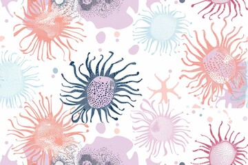 Fototapeta premium Seamless Floral Pattern with Pink, Blue, and Purple Flowers and Leaves on White Background