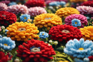 Field of colorful knitted gerbera flowers made yarn. Wool floral decoration. - 804409526
