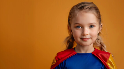 Young girl in a superhero costume on a solid studio background