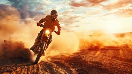 Dramatic trail motorbike passing through the desert with flying dust. AI generated image