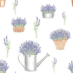 Lavender seamless pattern. Bouquet of purple flowers in pots and baskets. Watercolor hand drawn illustration background with floral plants stylized Template for fabrik, wallpaper, scrapbooking, tile.