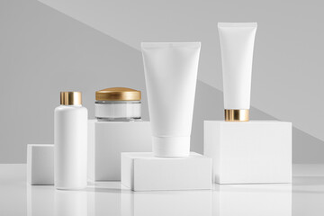 Cosmetic products for face and body on white cubes