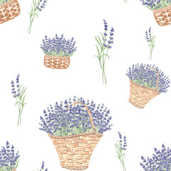 Lavender seamless pattern. Bouquet of purple flowers in wicker baskets. Watercolor hand drawn illustration background with floral plants stylized Template for fabrik, wallpaper, scrapbooking, tile.
