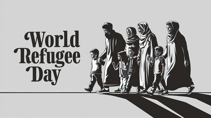 migrants. World Refugee Day, escaping. World Refugee Day poster, refugee day, World Refugee Day Banner,  post. banner, post, World Refugee Day post. illustration. Responsible. World, refugee, day. - obrazy, fototapety, plakaty