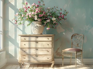 Elegant chest of drawers in a vintage room, topped with a vase of blooming flowers, soft pastel tones