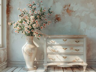 Elegant chest of drawers in a vintage room, topped with a vase of blooming flowers, soft pastel...