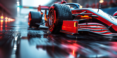 front wheel of red racing car fast driving on race track close up