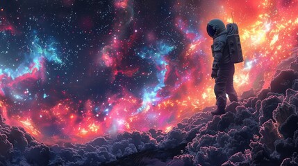 Astronaut Exploring Vibrant Galaxy Amidst Clouds, Space Adventure Concept Illustration