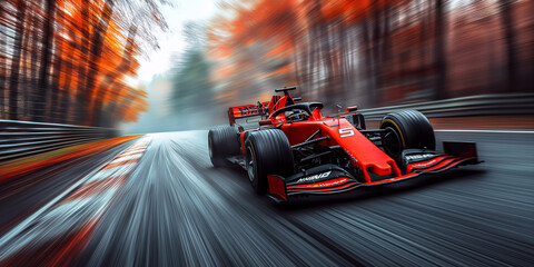 red acing car driving fast on the race track in nature at autumn. Motion blur