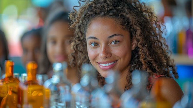 Young Biracial Female Teacher with Curly Hair Smiling in a Colorful Science Classroom