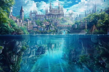 Delve into the enchanting depths of an isekai realms crystal-clear lake, capturing the reflection of a fantastical cityscape from underwater, creating a surreal blend of reality and fantasy