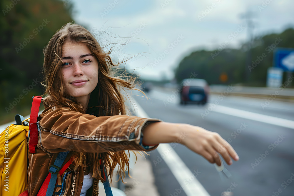 Canvas Prints young woman giving thumbs up to hitchhike on the side of the road