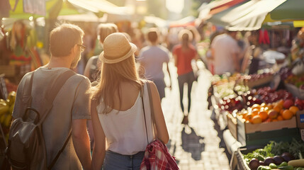 Obraz premium Exciting Summer Savings: Discover Hot Discounts and Unbeatable Offers with Couples and Teams at Outdoor Markets, Retail Outlets, and Online Stores Fueling Excitement and Anticipation for the Best Deal