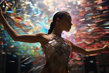Depict a pixel art scene where a contemporary dancer incorporates augmented reality elements in a mesmerizing performance, shot from a low angle to emphasize the harmony between human movement and adv