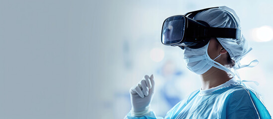 Medical worker in surgical scrubs experiencing virtual reality