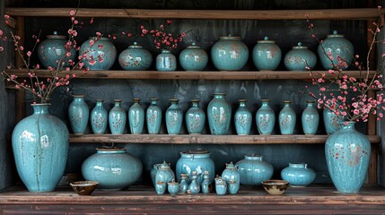 A display of flowerpots and vases with plants on a shelf, showcasing creative art in pottery and beautiful floral arrangements