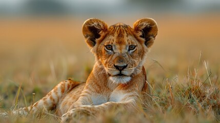 Close-up of a young lion (Panthera leo) sitting in the grass, turning head; Laikipia, Kenya Genrative AI