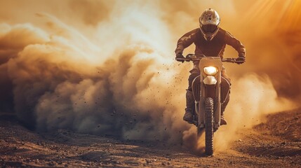 Dramatic trail motorbike passing through the desert with flying dust. AI generated image