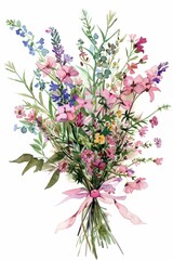 Colorful Watercolor Painting of a Beautiful Bouquet with Pink, Purple, and Blue Flowers in a Delicate Harmony