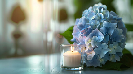 Hydrangea flowers and candle on table near light wall