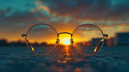 A Pair of Glasses Focusing on the Sunset Take a photo of a pair of eyeglasses placed on a surface such that they focus on the setting sun, turning the lenses into mini sunsets themselves