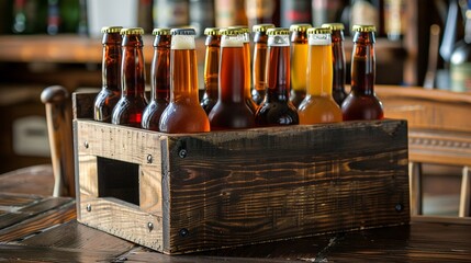 Wooden Beer Caddy Filled with Assorted Home Brews Capture a handmade wooden caddy filled with various homebrewed beers
